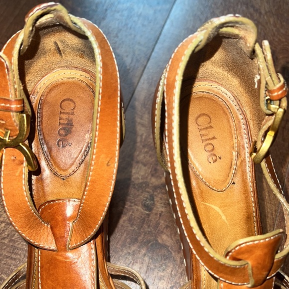 Chloe Tan Leather Double C Buckle T Strap Cork Wedge Platform Sandals - Picture 6 of 14